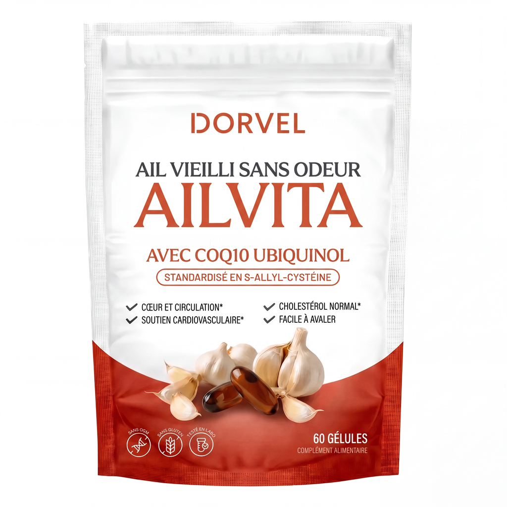 AilVita, extrait d’ail vieilli sans odeur avec CoQ10, sachet de 60 gélules